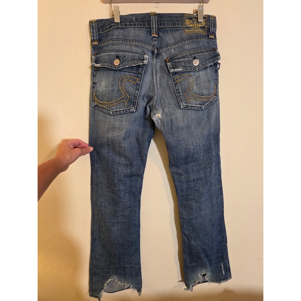 Rock & Republic Mens Jeans 34 Blue Denim Straight Flap Pocket Distressed USAREAD
